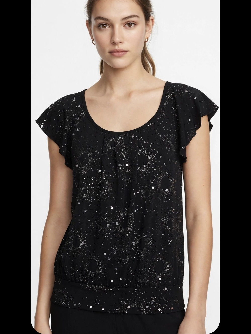 Topia Black Scoop Neck Flutter Sleeve Top with Sparkle Motif